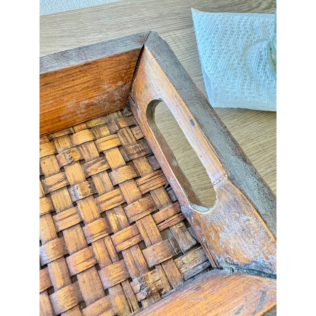 Mid-Century Modern Vintage Primitive Handcrafted Bamboo Wood & Woven Splint Tray For Sale - Image 3 of 11