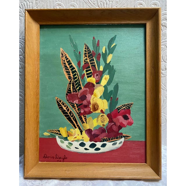 Paint Colorful Mid Century Abstract Still Life Oil Painting by Doris Doyle Dated 1956 For Sale - Image 7 of 7