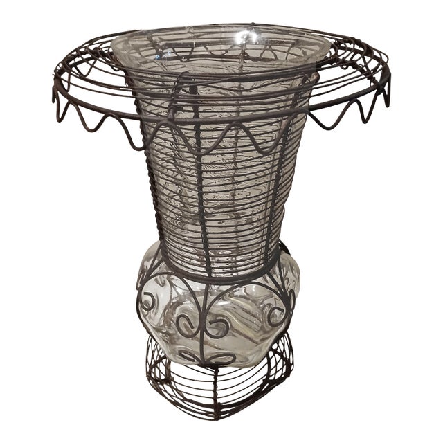 Antique French Pedestal Urn Caged Glass Twisted Wire Vase Late 19th Century For Sale