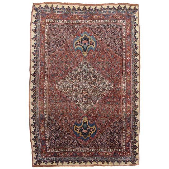 Antique Bijar Carpet Oriental Rug, Handmade, Ivory, Rust, Light Blue, Terracotta For Sale - Image 18 of 18