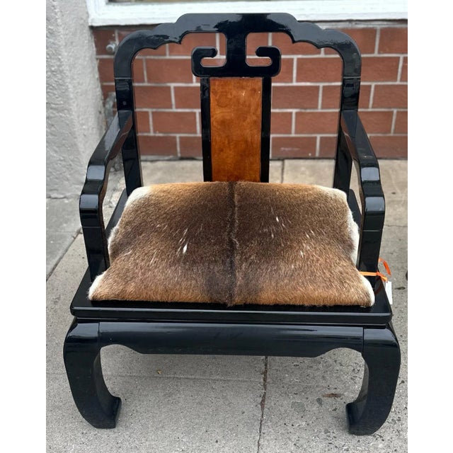 Vintage Chinese Ming Style Black Lacquer & Cowhide Arm Chair
