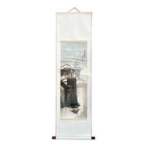 Chinese Color Ink Waterside Village Scroll Painting Wall Art