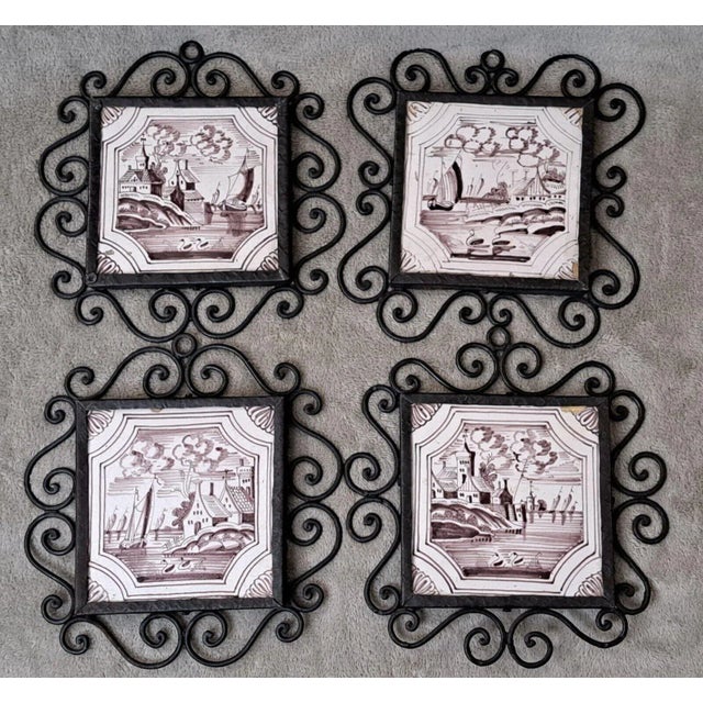SKU: OT 2182 Dutch Manganese Delft Decorative Framed Tiles Nautical Scenes SET 4 Mid 19th C This is a stunning collection...