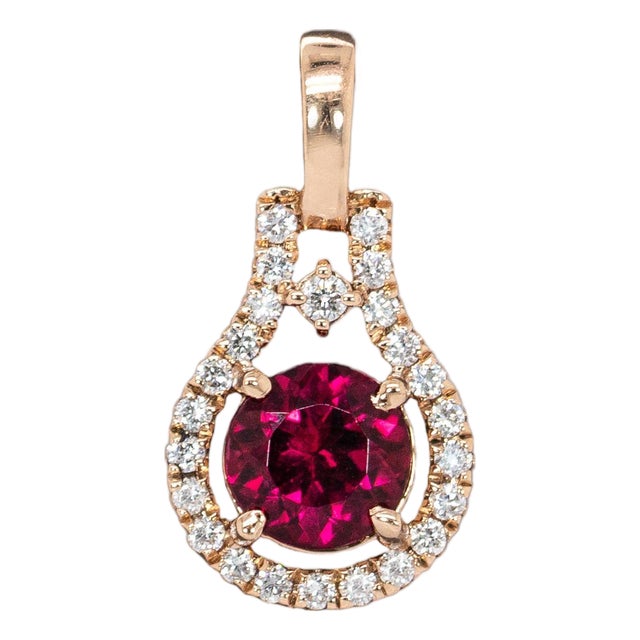 Dainty Rubellite Tourmaline & Natural Diamond Halo Pendant: Solid 14k Gold, 6mm For Sale