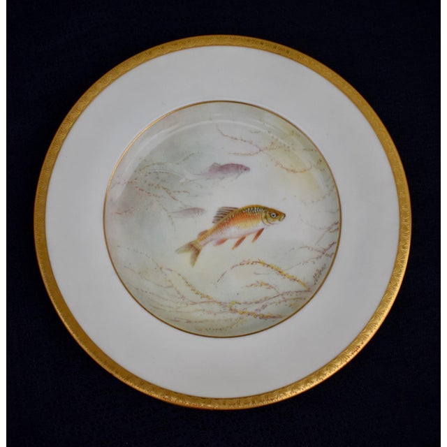 Set of 6 Antique Minton for Tiffany Hand Painted Fish Cabinet Plates Gold Rim For Sale - Image 11 of 18