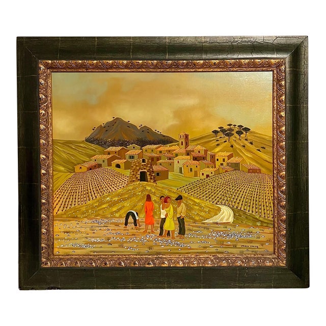 Max Savy, French Folk Art Naive Oil Painting Workers in Vineyard, Les Vignes aux Gitans, c.1950's, Framed For Sale