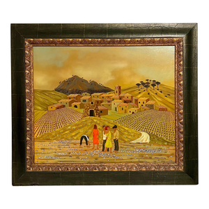 Max Savy, French Folk Art Naive Oil Painting Workers in Vineyard, Les Vignes aux Gitans, c.1950's, Framed
