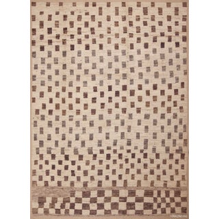 Ivory Cream And Light Brown Tribal Geometric Modern Checkerboard Pattern Rug For Sale