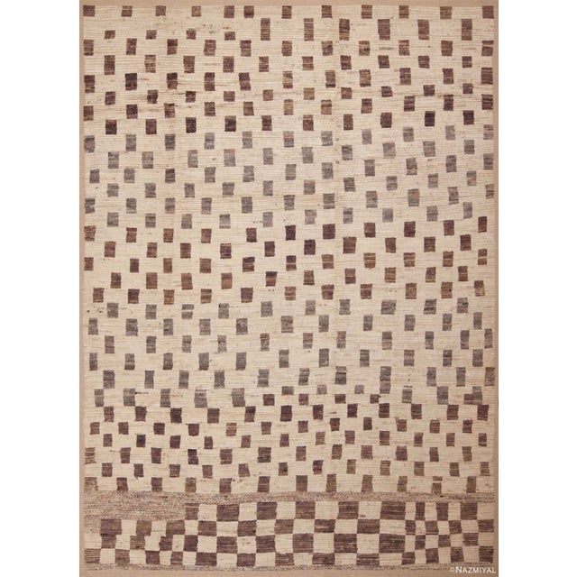 Ivory Cream And Light Brown Tribal Geometric Modern Checkerboard Pattern Rug For Sale