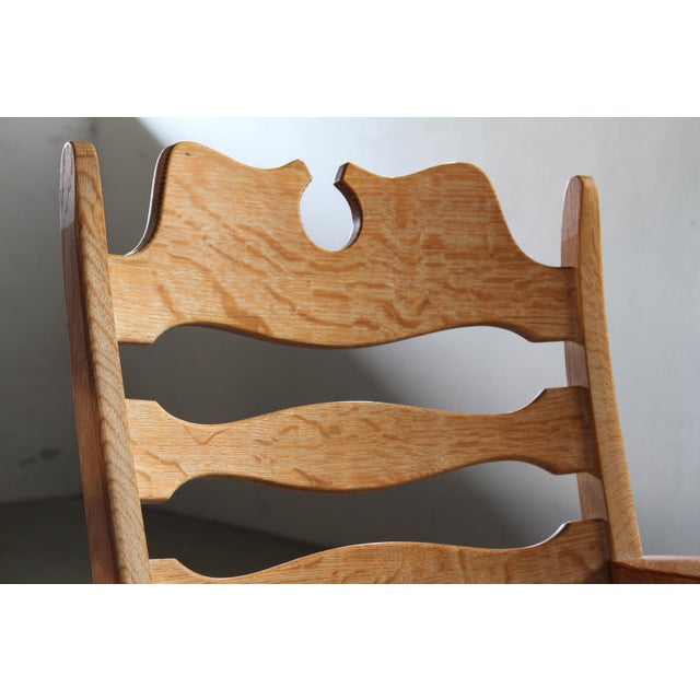 Vintage Brutalist Oak Razorblade Red Striped Armchair attributed to H. Kjærnulf, 1960s For Sale - Image 9 of 18