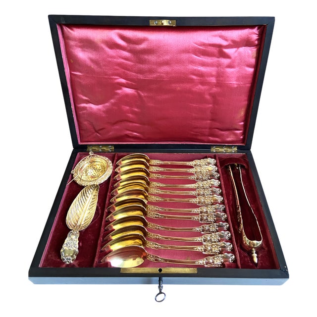 French Napoleon III Tea Set in Silver and Gold Vermeil, Set of 15 For Sale