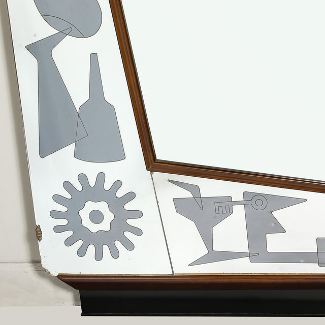 Brown Mid-Century Reversed Etched & Smoked Wall Mirror With Sculptural Walnut Lining For Sale - Image 8 of 12