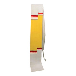 Vintage Silver & Yellow Silk Japanese Obi With Red Gold Orange White Geometric Design For Sale