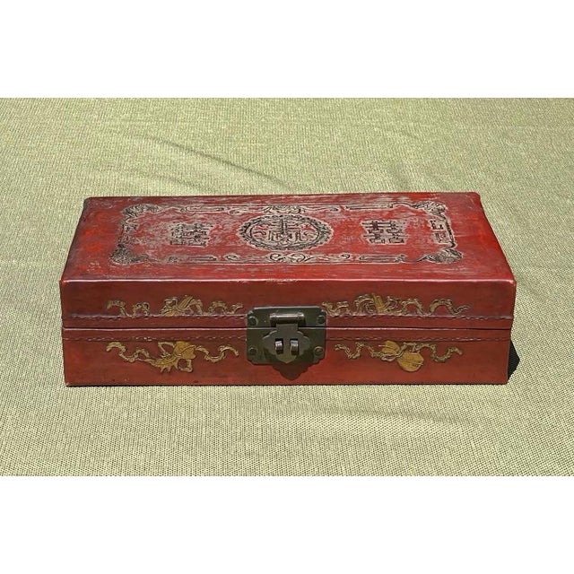 Red Antique Late Qing–Early Republic Chinese Red Leather Wedding Box With Double Happiness Motif, C. 1900 For Sale - Image 8 of 12