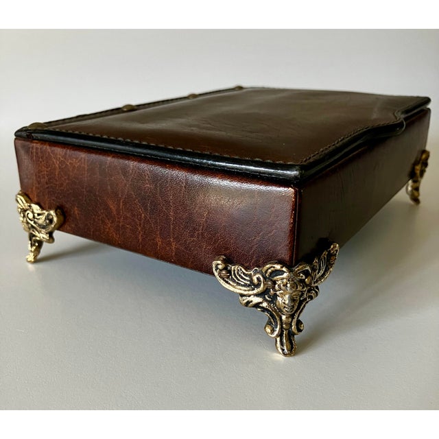 Vintage Italian Florentine Tooled Leather Valet Jewelry Box With Ornate Brass Feet For Sale - Image 9 of 18