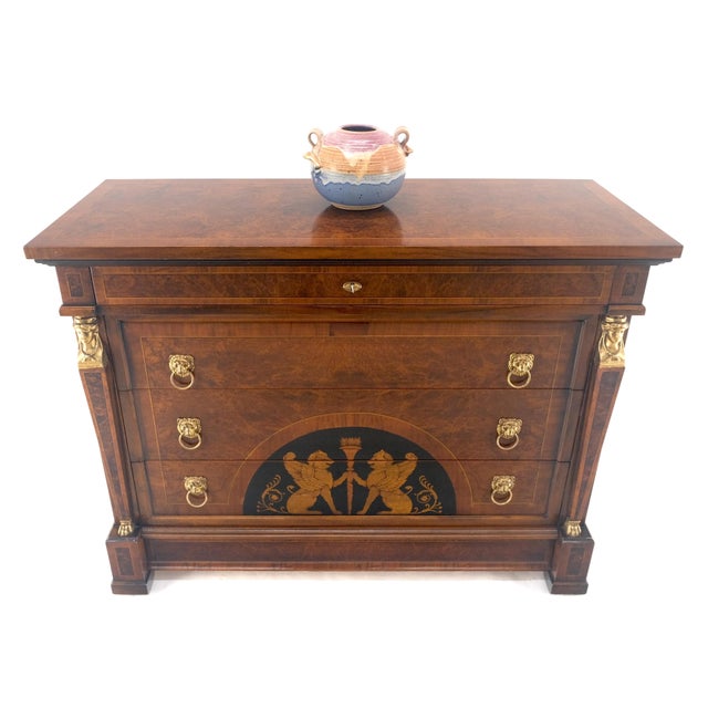 Bronze Mounts & Pulls Burl Wood Inlay Neoclassical 4 Drawers 48" Dresser MINT! For Sale - Image 9 of 14