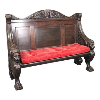 Monumental Carved Walnut Victorian Walnut Griffin Bench with Paw Feet circa 1890 For Sale