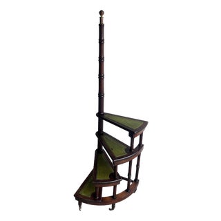 English Wooden Folding Library Steps with Green Leather Treads For Sale