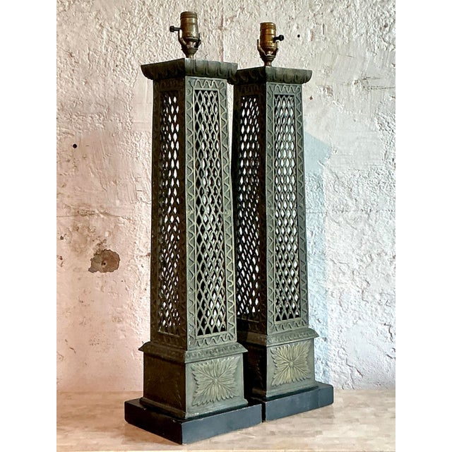 Vintage Regency Bronze Trellis Lamps - A Pair For Sale - Image 9 of 11