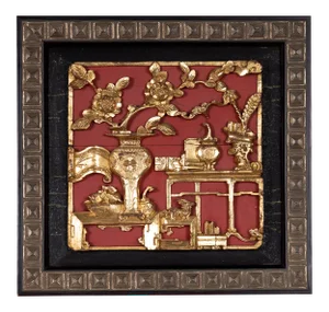 Chinese Antique Giltwood and Red Painted Floral Architectural Panel in New Frame