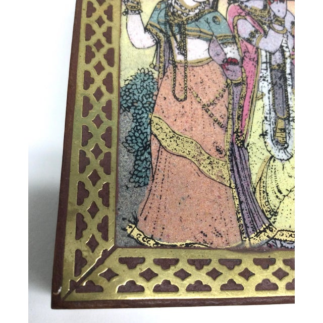 Vintage Inlaid Brass Over Wood Trinket Box Glass Painted Hinged Lid For Sale - Image 10 of 13