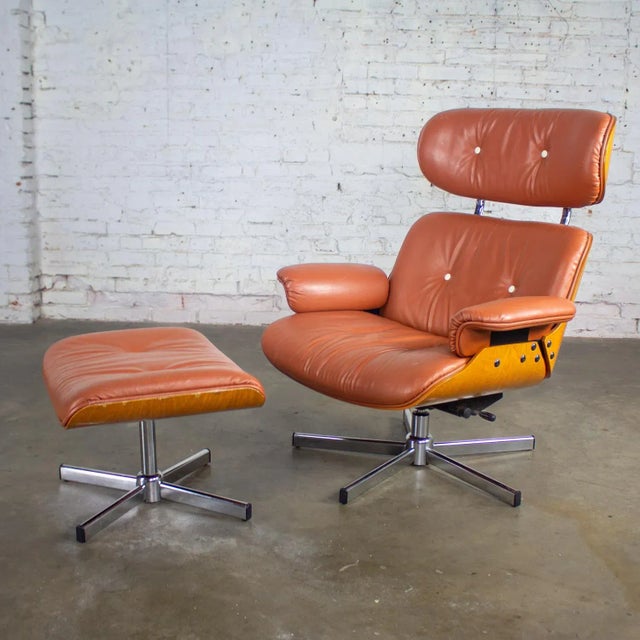 Brown MCM Style Mid to Late 20th Century Plycraft Lounge Chair & Ottoman in Saddle Color Italian Leather For Sale - Image 8 of 18
