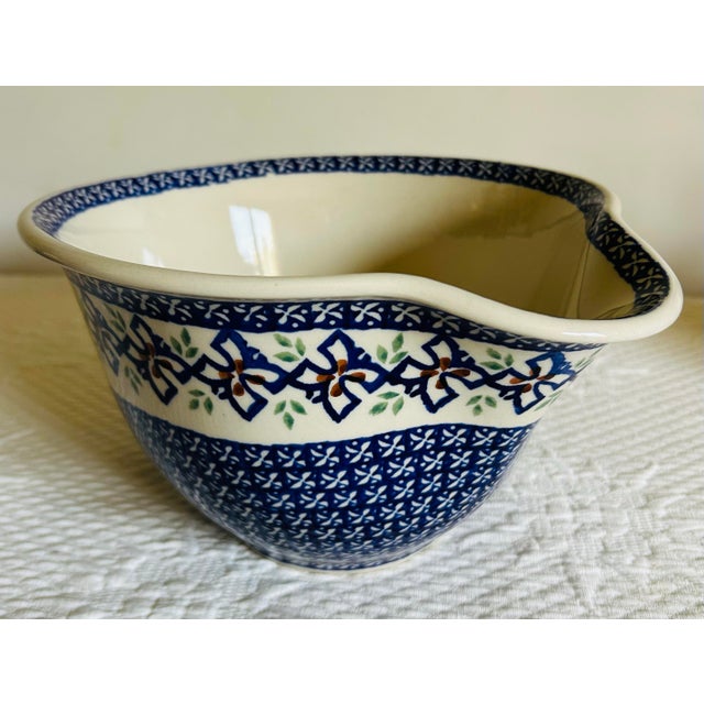 Vintage Polish Pottery Stoneware Batter Bowl With Pouring Spout For Sale - Image 4 of 7