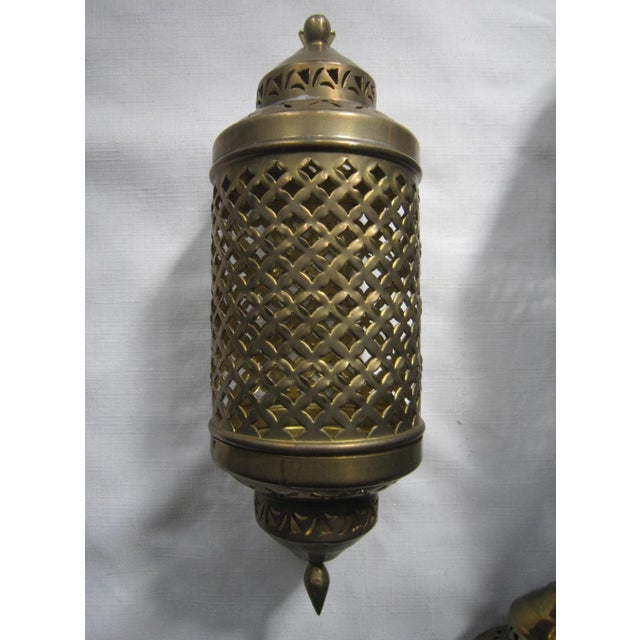 Moroccan Vintage Hanging Moroccan Brass Candle Holders, S/3 For Sale - Image 3 of 6