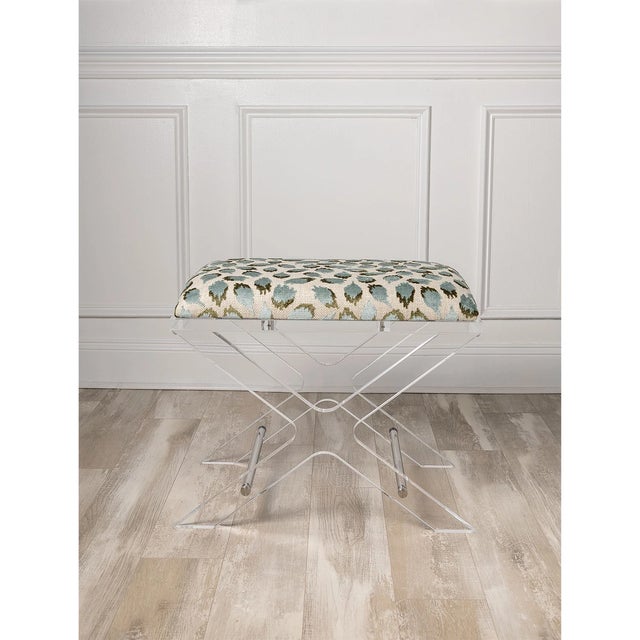 Mid-Century Modern Delano Nickel Ocelot Celadon Lucite X-Bench For Sale - Image 3 of 5