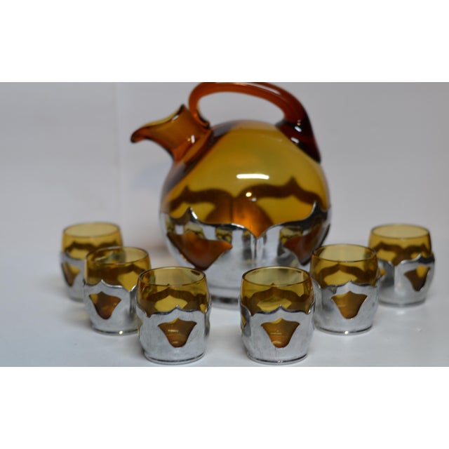 Hollywood Regency Vintage Farber Bros. Ny Amber Glass Decanter and Six Metal Overlay Glasses - Set of 7 For Sale - Image 3 of 6