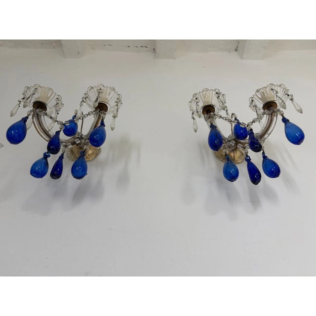 Italian C 1920 Cobalt Mouth Blown Murano Drops Crystal Prisms Sconces One of a Kind For Sale - Image 3 of 11