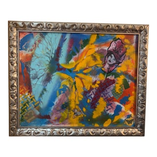 Large Vibrant Abstract Mixed Media Painting on Canvas Ornate Silver Frame Statement Art For Sale