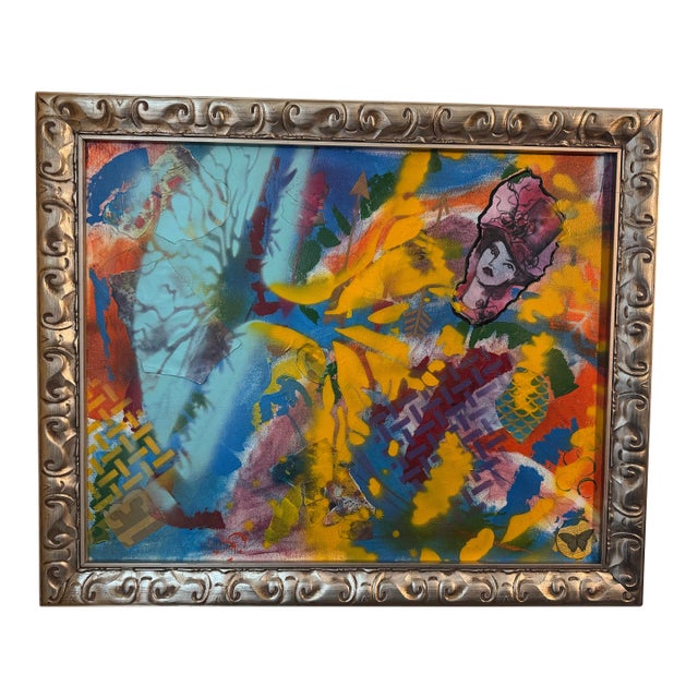 Large Vibrant Abstract Mixed Media Painting on Canvas Ornate Silver Frame Statement Art For Sale
