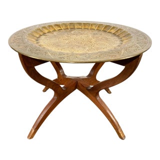 Mid-Century Modern MCM Teak Wood Spider Leg Brass Tray Top Table For Sale