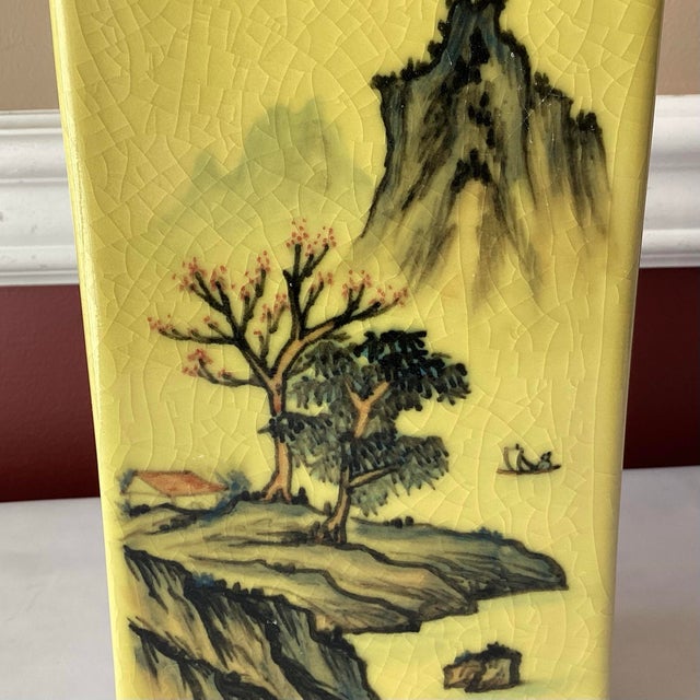 Early 20th Century Vintage Chinese Yellow Porcelain Vase With Painted Mountains & Inscription – Attached Wood Base – 11¼” For Sale - Image 5 of 11