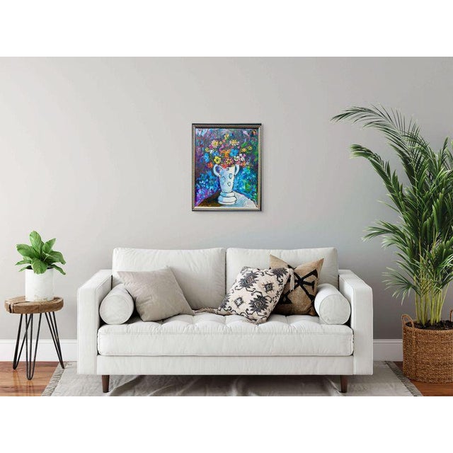 Bright and vibrant original oil painting on a a canvas presented wired and ready to hang in a silver beaded and gilded...