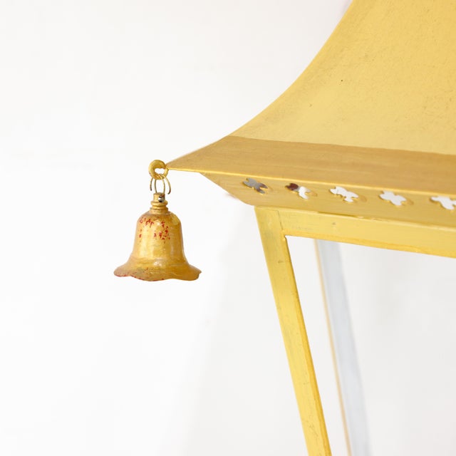 Vintage Chinoiserie Yellow Tole Hanging Lantern Chandelier With Brass Bells For Sale - Image 10 of 13