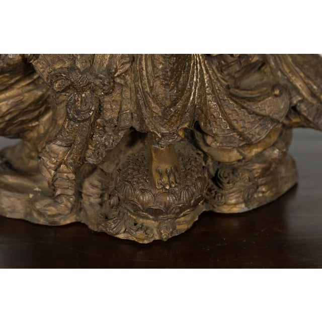Asian Vintage Bronze Statuette Depicting Quan Yin Seated on a Rocky Formation For Sale - Image 3 of 13