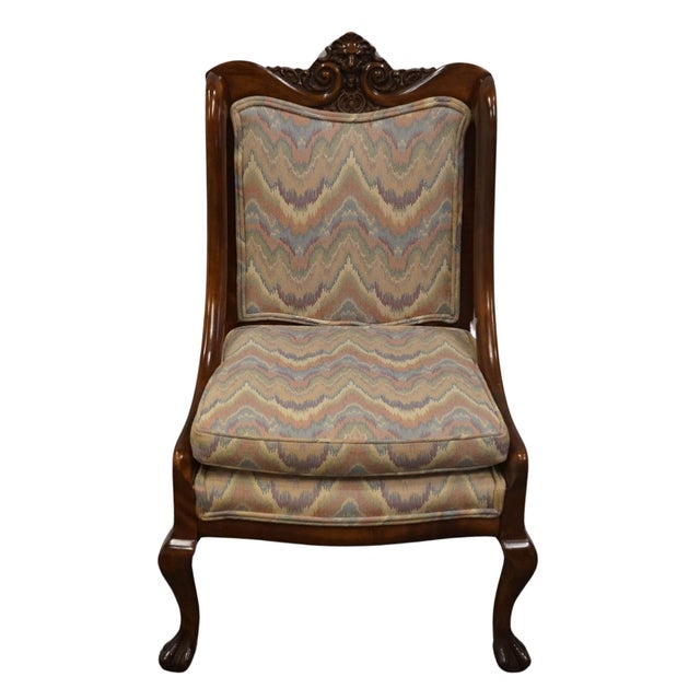 Gothic Vintage Antique Solid Mahogany Gothic Revival Jacobean Upholstered Arm Chair For Sale - Image 3 of 10