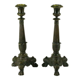 1820's-1830's French Empire Patinated Bronze Candle Holders - a Pair For Sale