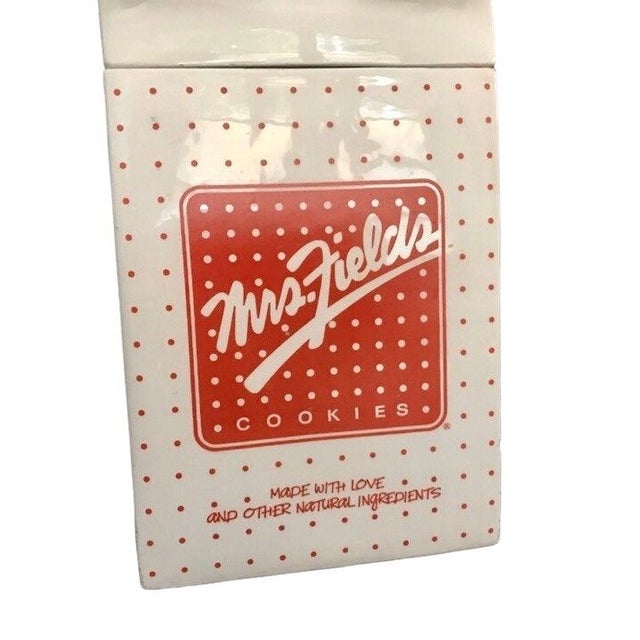 Large Vintage Mrs. Fields Ceramic Cookie Jar – Paper Bag Shape, Red Polka Dots, Retro Kitchen Decor For Sale - Image 4 of 10