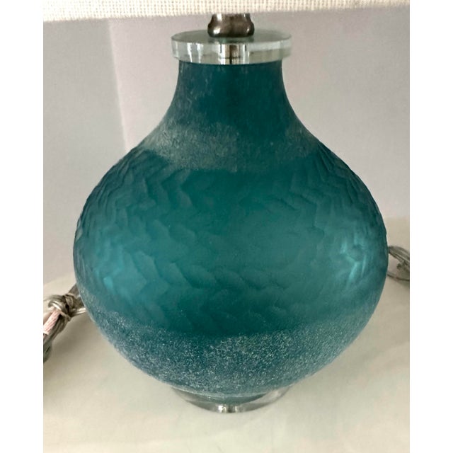 Glass Aqua Blue Carved Art Glass Crystal Table Lamp For Sale - Image 7 of 8