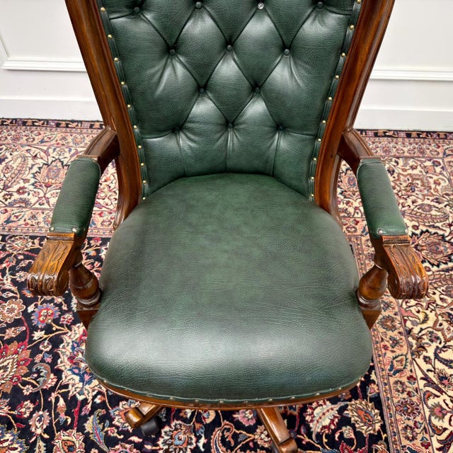 Brown Chesterfield Office Chair in Green Leather For Sale - Image 8 of 10