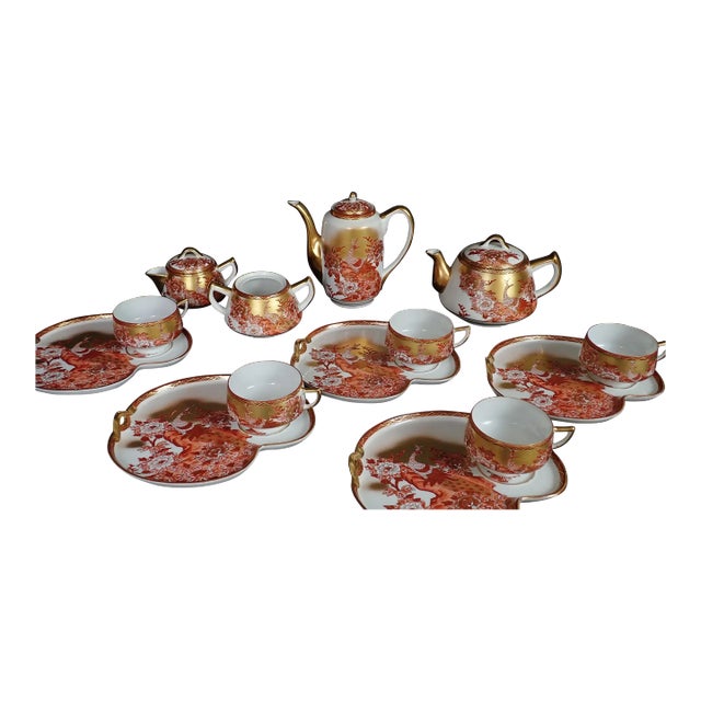 14-piece Kutani Japanese gilt and painted tea and dessert serving set with Peacock. Hand painted gilt and painted Peacock...