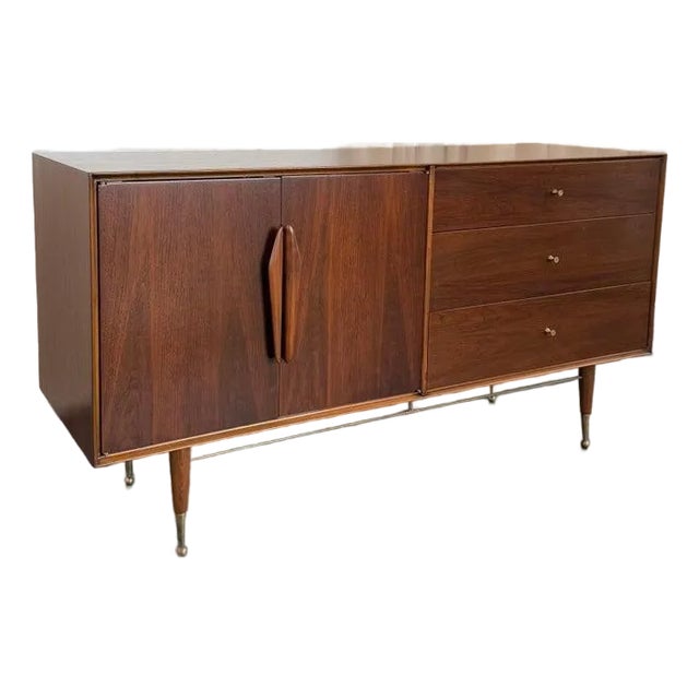 1950s Mid-Century Modern Brass and Walnut Credenza Dresser For Sale