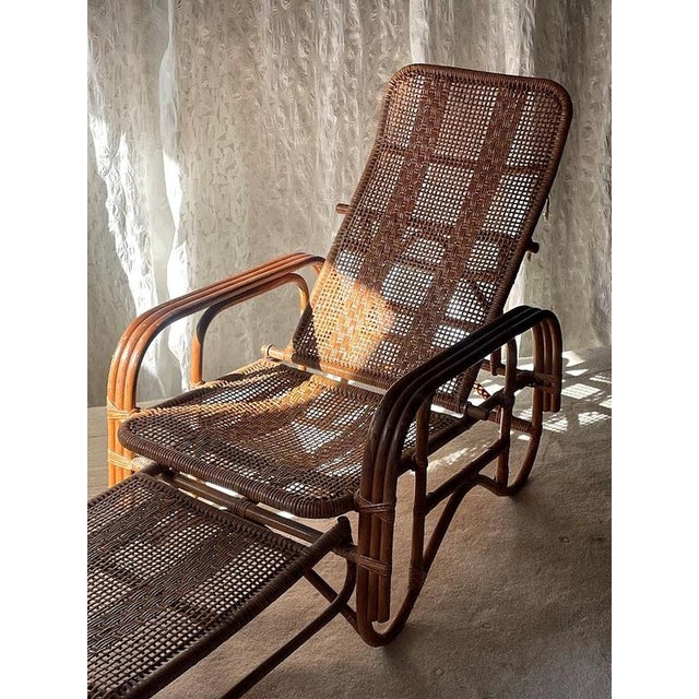 Mid-Century Adjustable Rattan Chaise Lounge with Retractable Footrest, Japan For Sale - Image 6 of 14