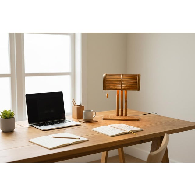 Wood Rattan Modern Bp Desk Lamp, Handcrafted Pencil Reed Rattan, Art Deco Style For Sale - Image 7 of 8