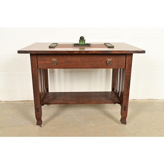 Apollo Studios New York Arts & Crafts Grapevine Pattern Bronze and Slag Glass Inkwell With Pen Holder For Sale - Image 13 of 14