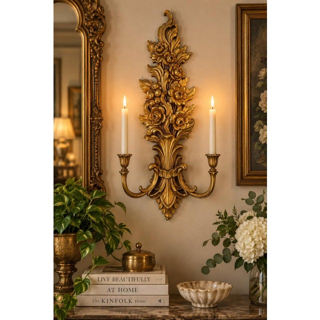 Beautiful vintage 1972 Syroco #4133 gold floral wall sconce featuring an ornate, highly dimensional botanical design with...