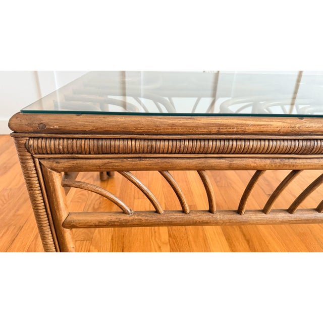 Wood Rattan Coffee Table With Glass Top For Sale - Image 7 of 9